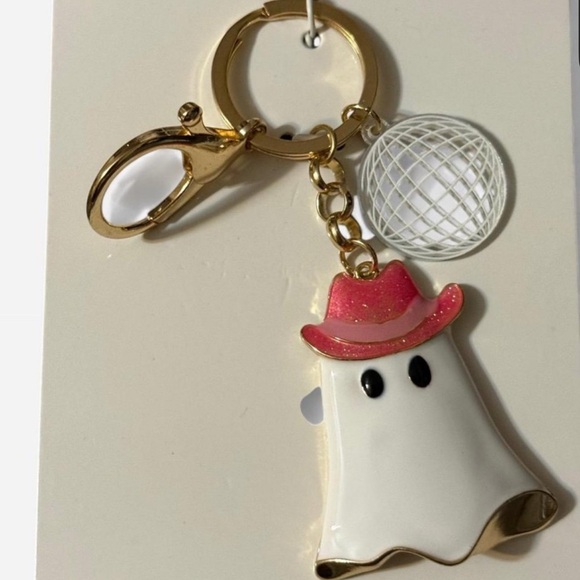 Gold and White Ghost Keychain with Pink Hat - Picture 1 of 2